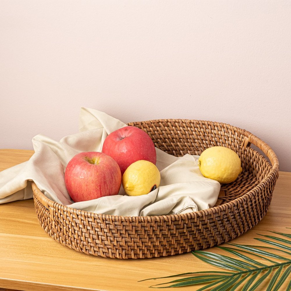 Rattan Oval Tray with Handles, Wicker Coffee Table Tray, Kitchen Decorative Tray